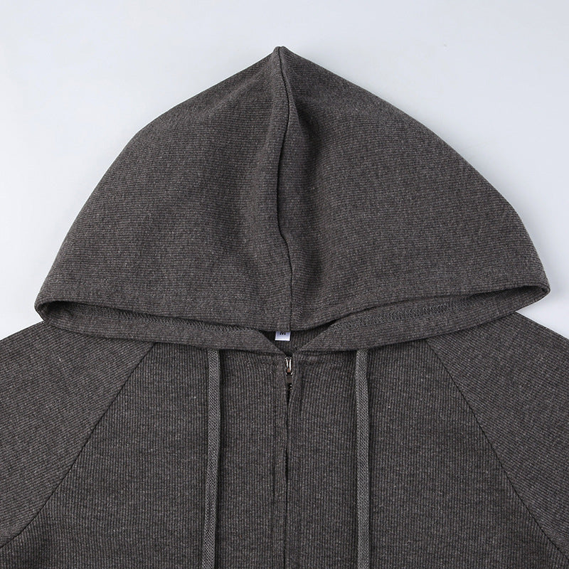 Women's Gray Ribbed Hooded Zip-Up Short Cardigan Sweater