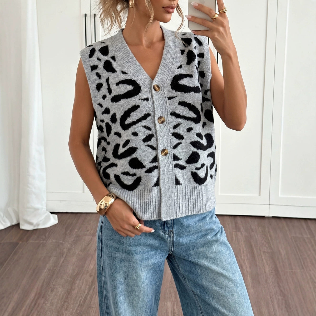 Single-breasted Cardigan Sweater Womens Loose-fit Vest