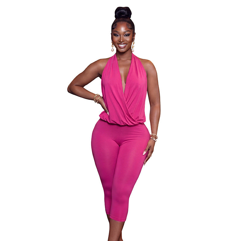 SummerAutumn New Womens Sleeveless Solid-Color Tight Cropped Jumpsuit With Flared Legs