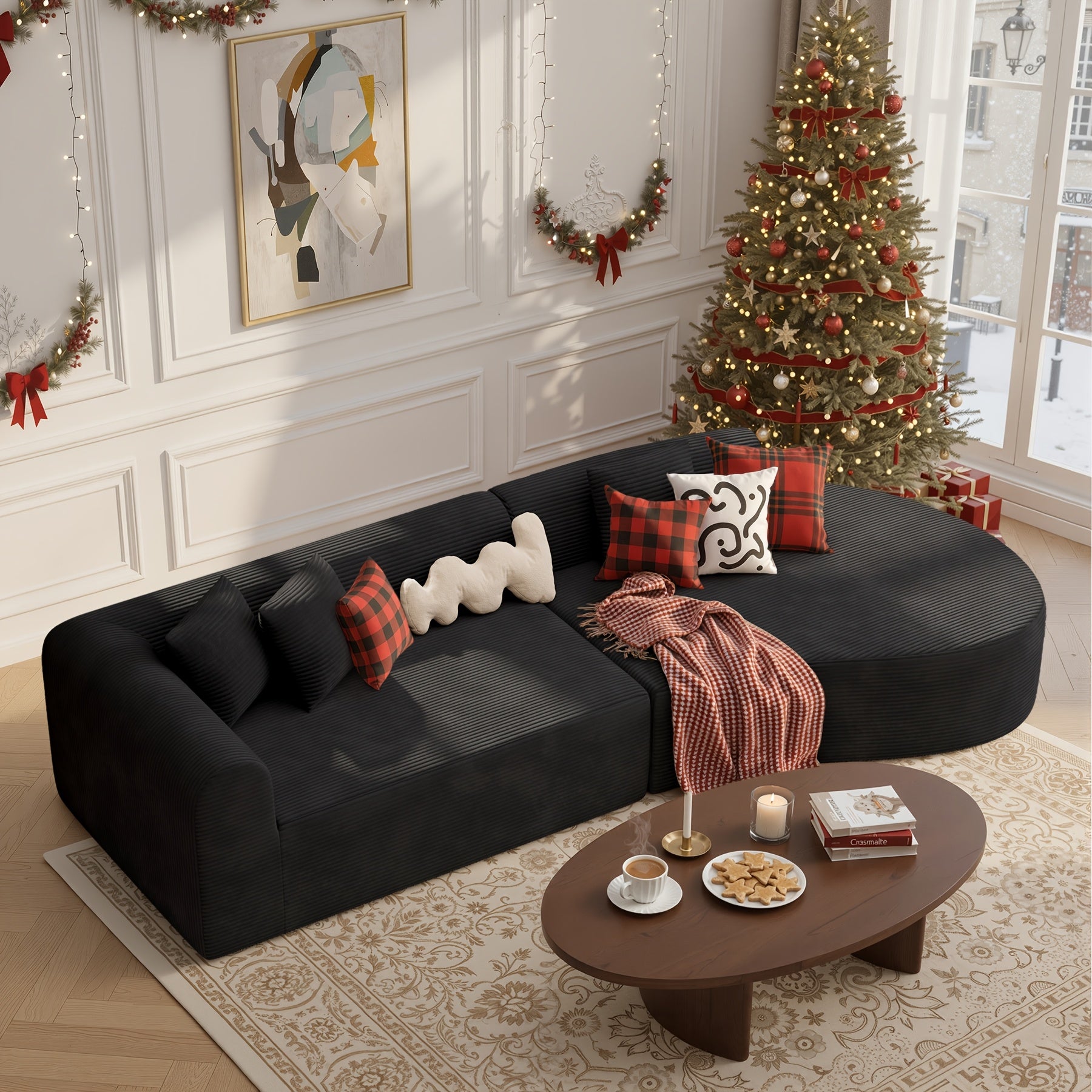 Modular L-shaped chaise longue sofa bed with deep seat and corduroy upholstery