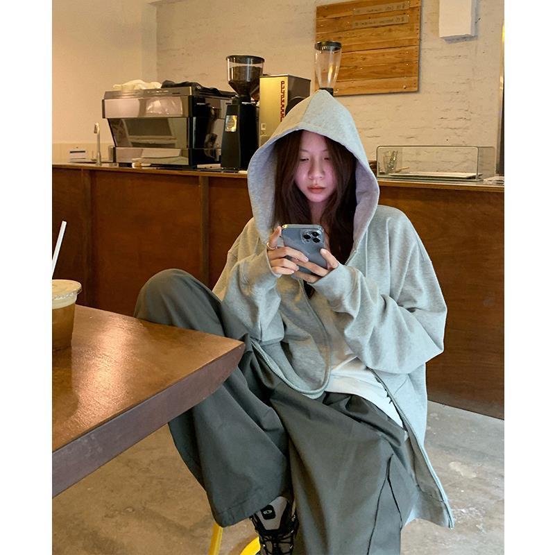 Women's Grey Zip-Up Hooded Cardigan Loose Sweater