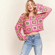 Multi-color Blocks Hollow Ethnic Style Bandage Dress Ladies Loose Pullover Top