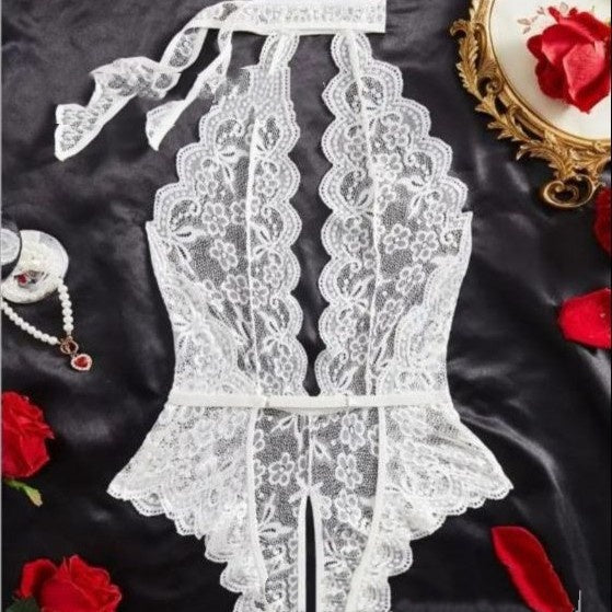 Lace Deep V-Neck Open-Crotch Teddy Bodysuit with Straps