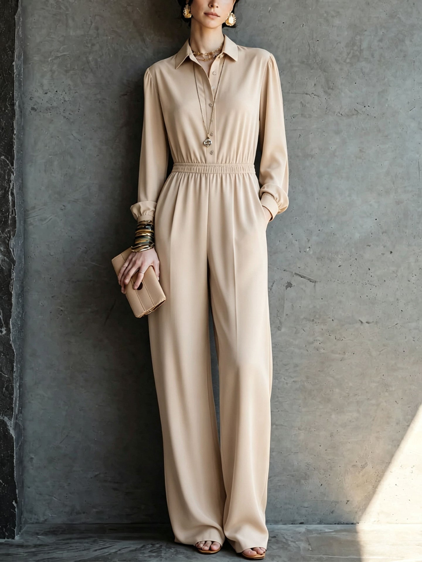 Casual Solid Color Pocket Long Sleeve Jumpsuit