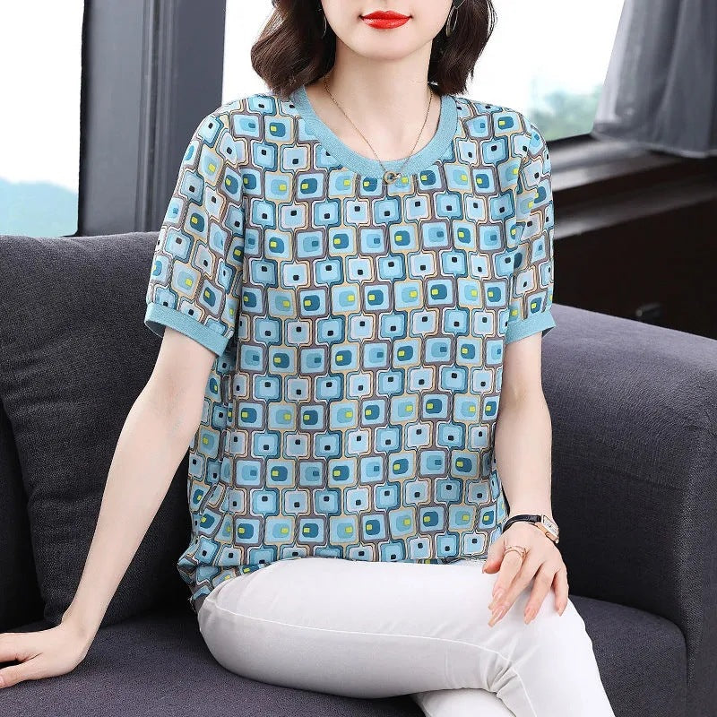 Oversized Geometric Print Short-Sleeve Shirt – Flowy & Trendy