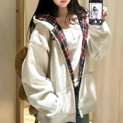 Women's Fleece-Lined Retro Plaid Hooded Cardigan