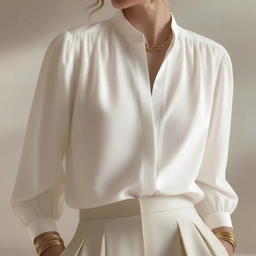 Blue, Relaxed-fit Workwear Top With A Stand-up Collar And A Luxurious Silk-like Texture