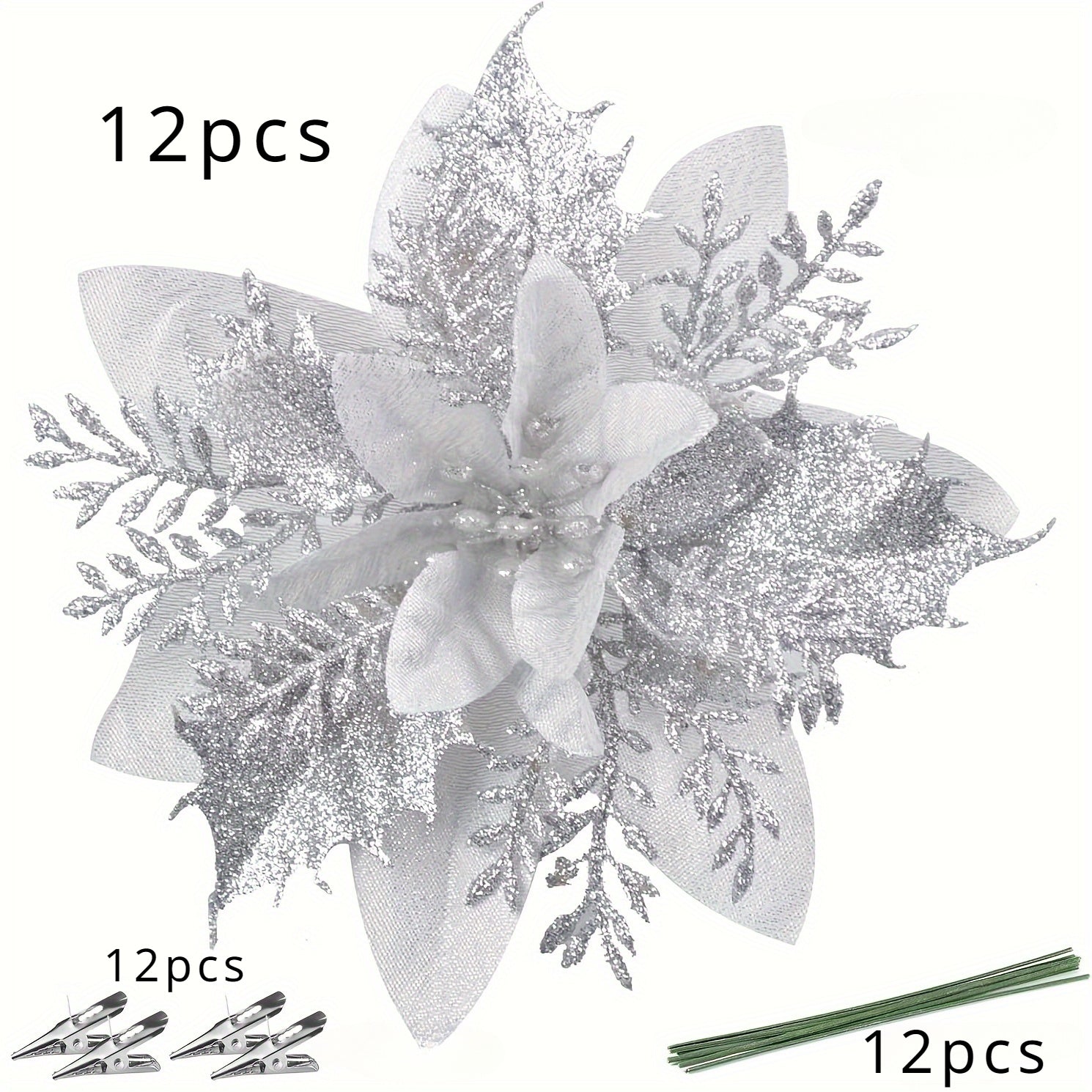 36pcs Glittering Christmas Star and Flower Hanging Ornaments Set with Clips and Stems - Perfect for Christmas Tree, Wreaths, Holiday Decorations, and Home Décor Multi-Purpose Gift