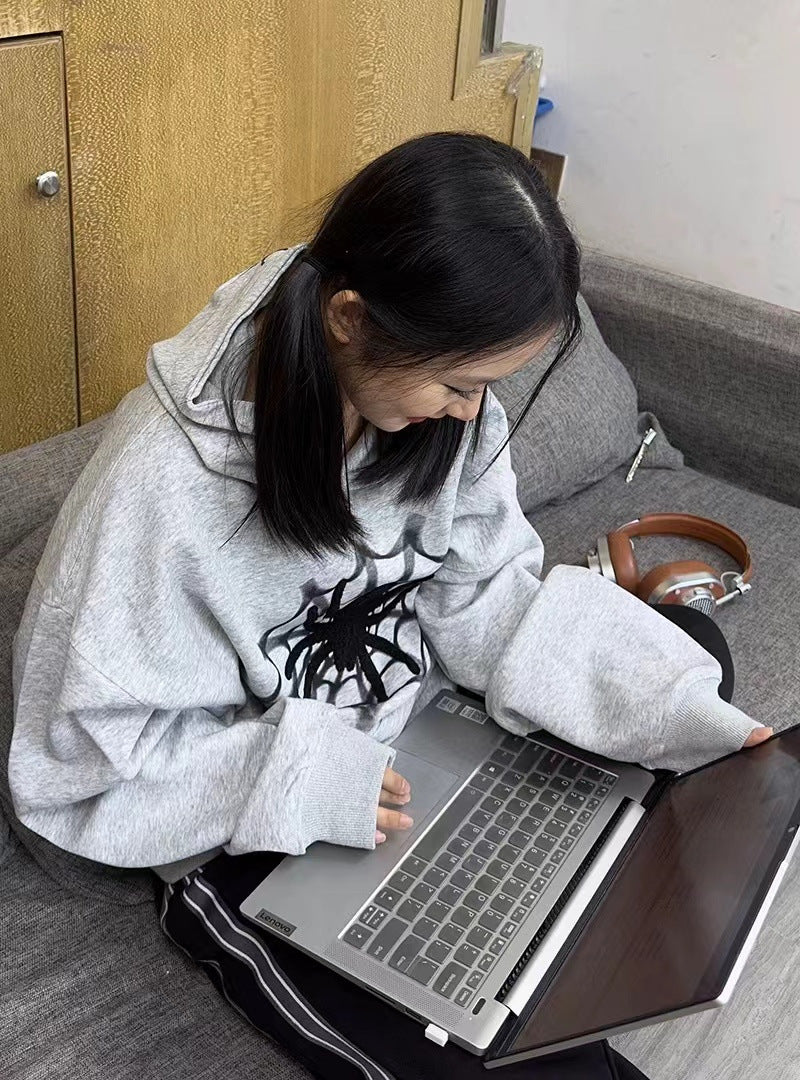 Retro Spider Letter Graphic Oversized Hoodie for Women
