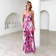Printing Shoulder Girdle Hollow Out Tied Jumpsuit