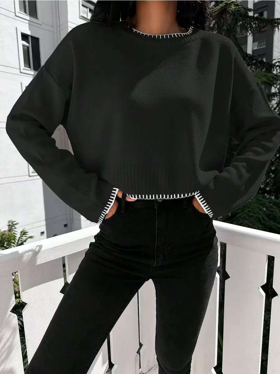 High-waisted Color-block Loose-fitting Cropped Pullover Knit Sweater