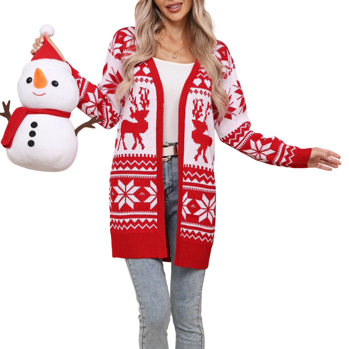 Elk Snowflake Embroidered Knitted Cardigan Coat for Women