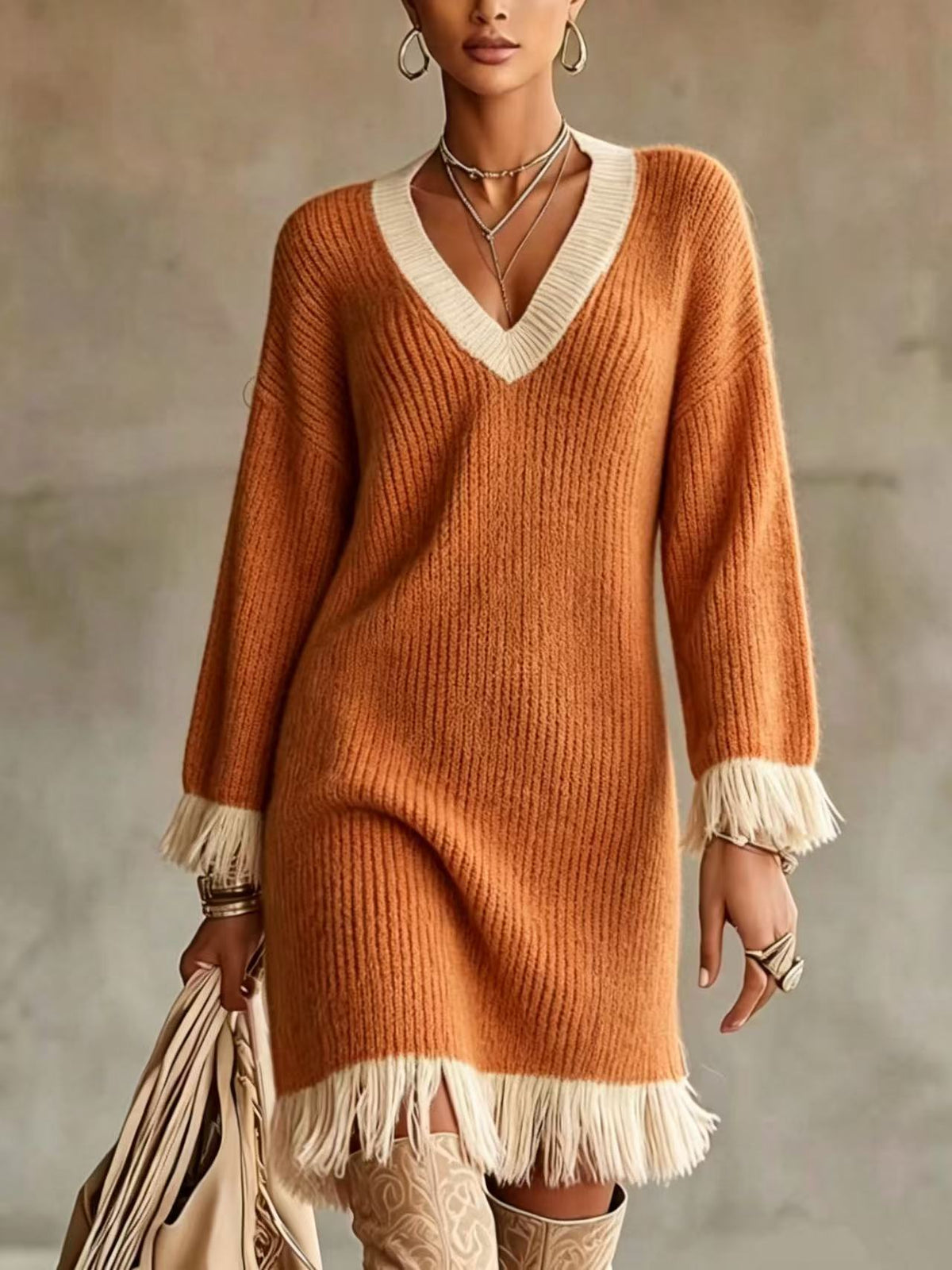 Colorblock V-Neck Tassel Knit Midi Sweater Dress