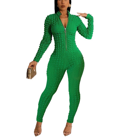 Solid Color Casual Popcorn Seersucker Zipper Jumpsuit