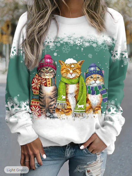 Festive Christmas Snowman & Cat Long Sleeve Casual T-Shirt