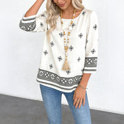Women's Casual Loose-Fit Round Neck Top – Geometric Print