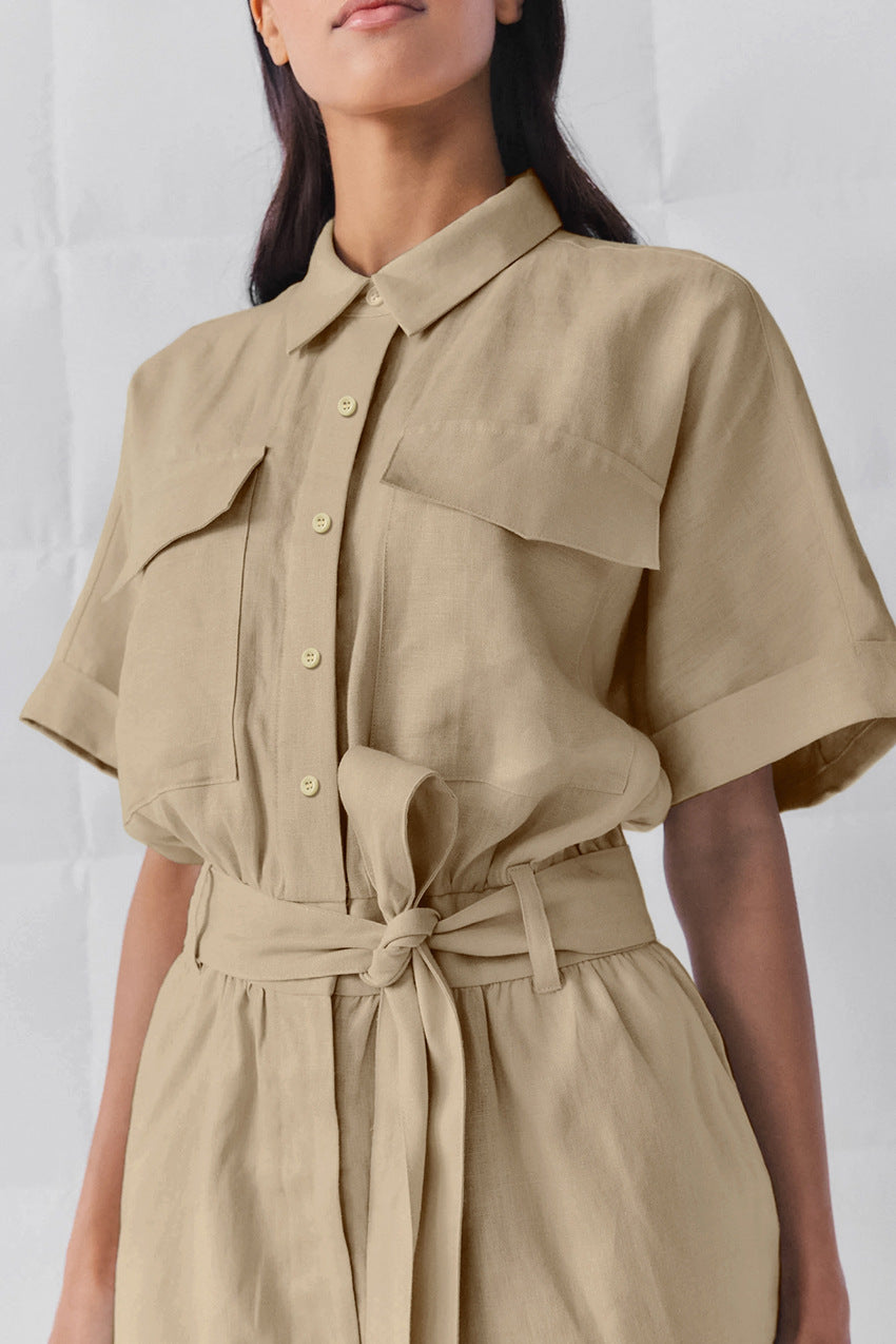 Women's Retro Lapel Wide-Leg Romper with Lace-Up Waist