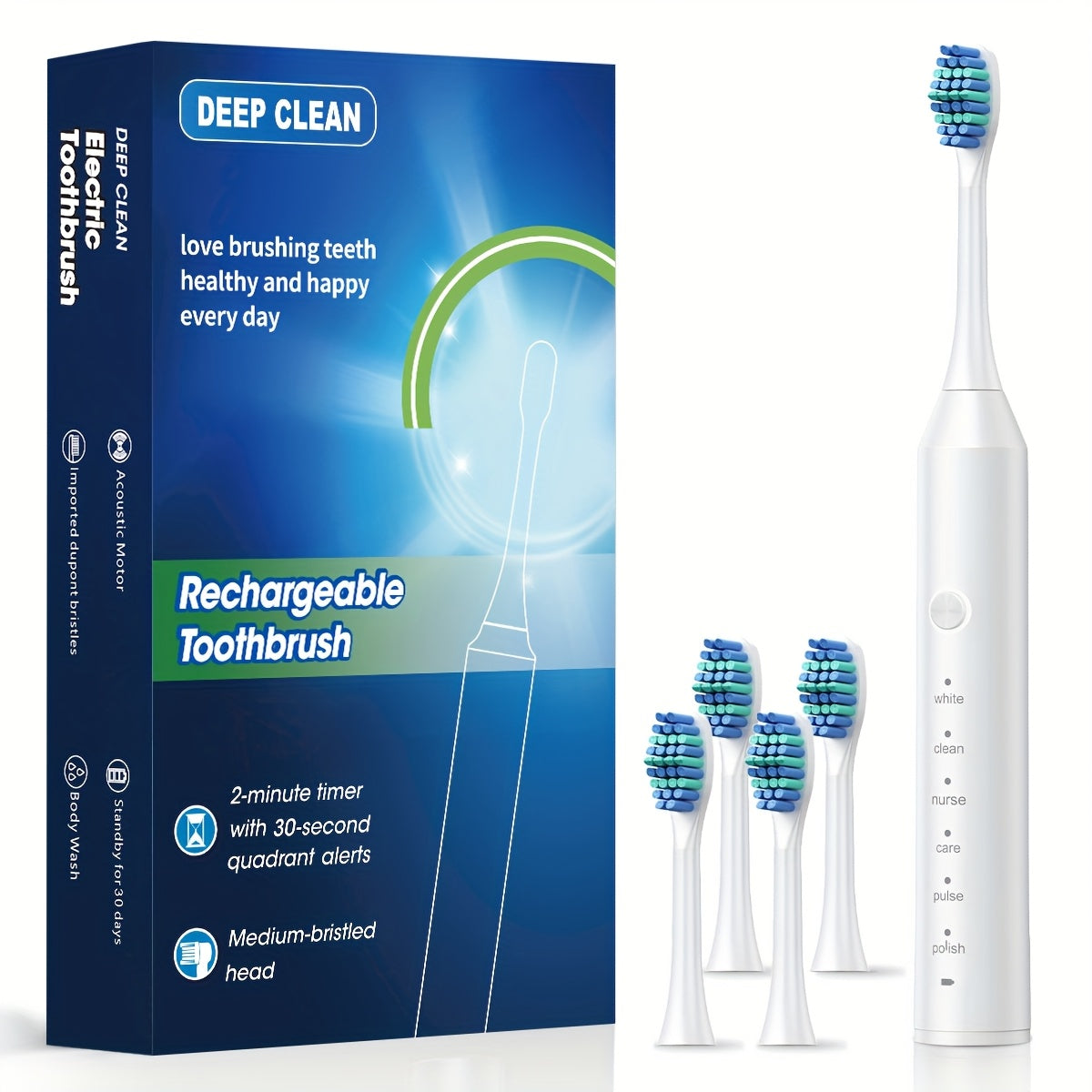 Rechargeable Electric Toothbrush with 6 Cleaning Settings and USB Charging