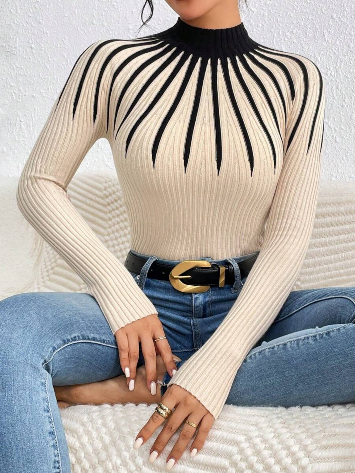 Womens Slim Fit Mock Neck Sweater, Ribbed Striped Long Sleeve Knit for Fall Winter