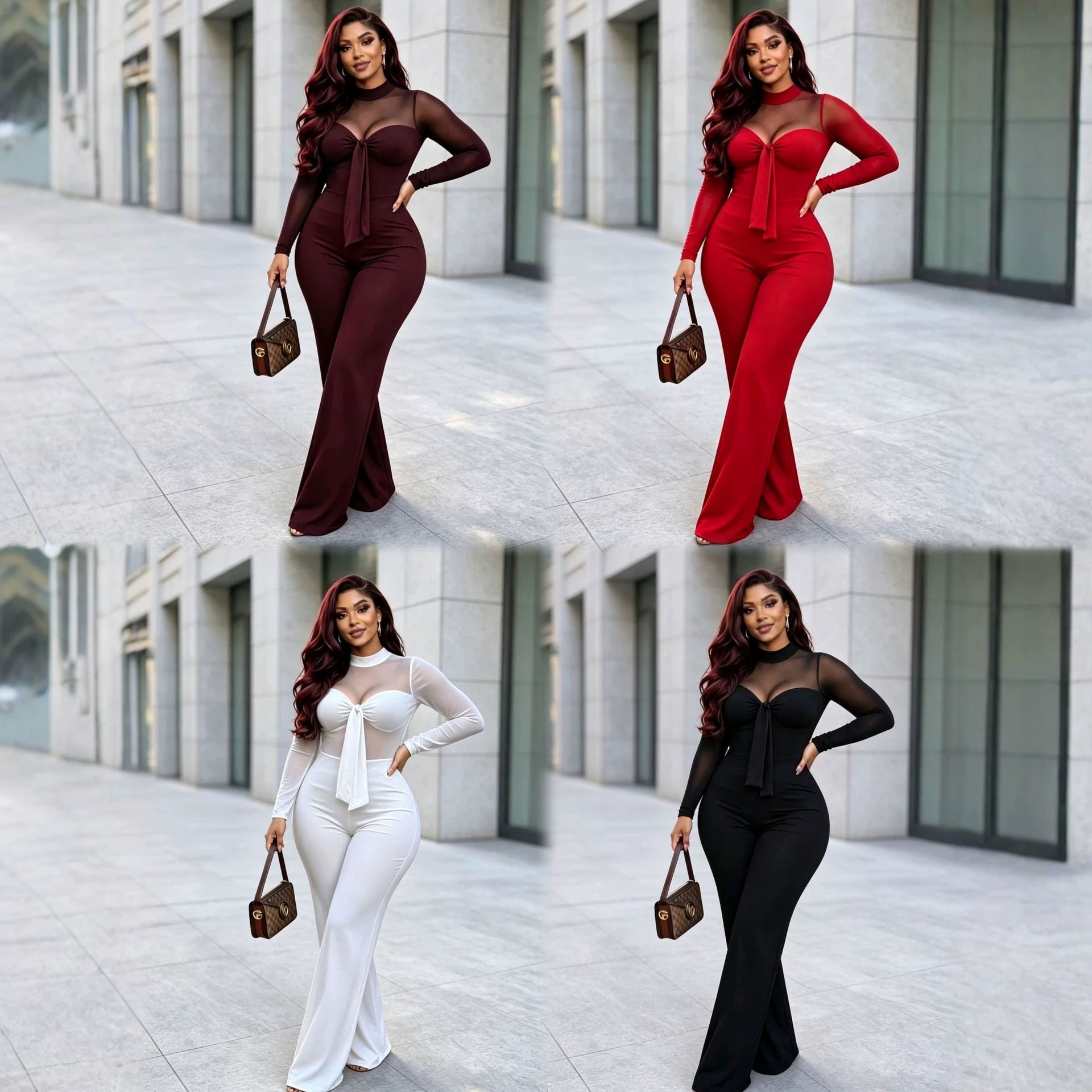 Women's Stretchy Mesh Patchwork Commuter Jumpsuit