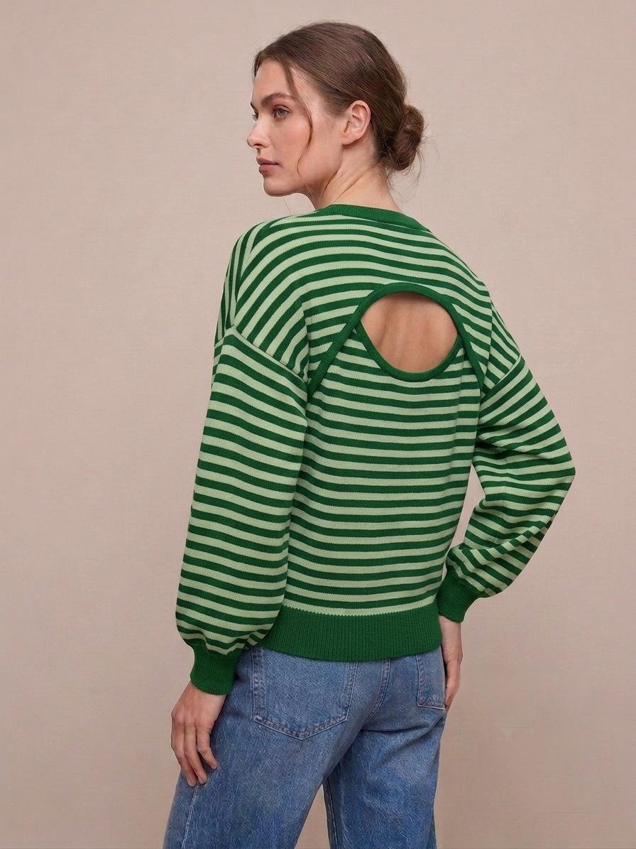 Backless Striped Color-block Long-sleeve Knitted Sweater for Women