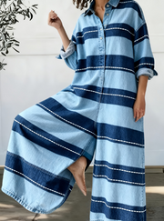 Retro Casual Long-Sleeve Patchwork Wide-Leg Jumpsuit
