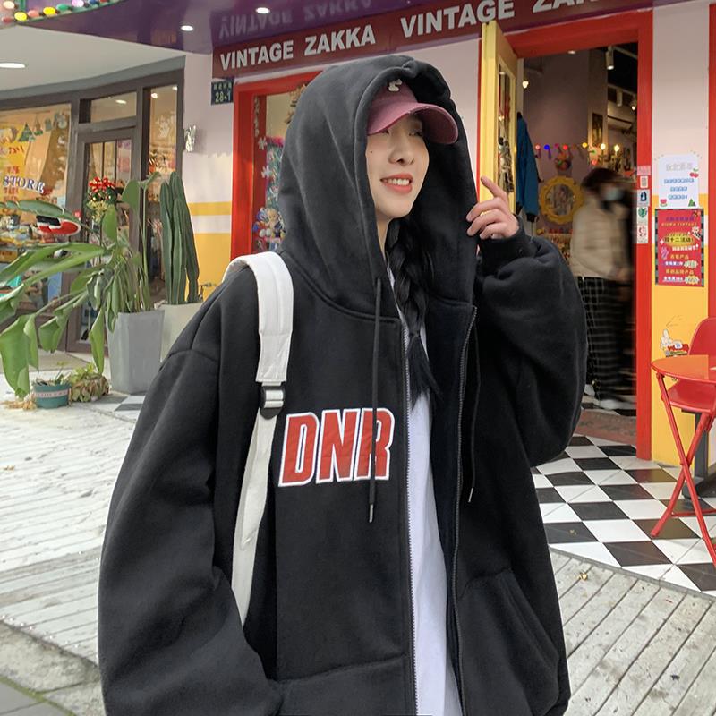 Men's Hooded Letter Cardigan Fleece-Lined Loose Sweater