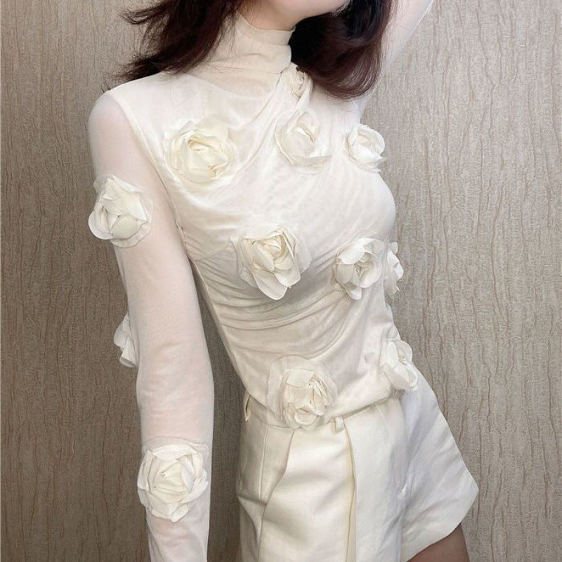 3D Floral Mock Neck Long Sleeve Top