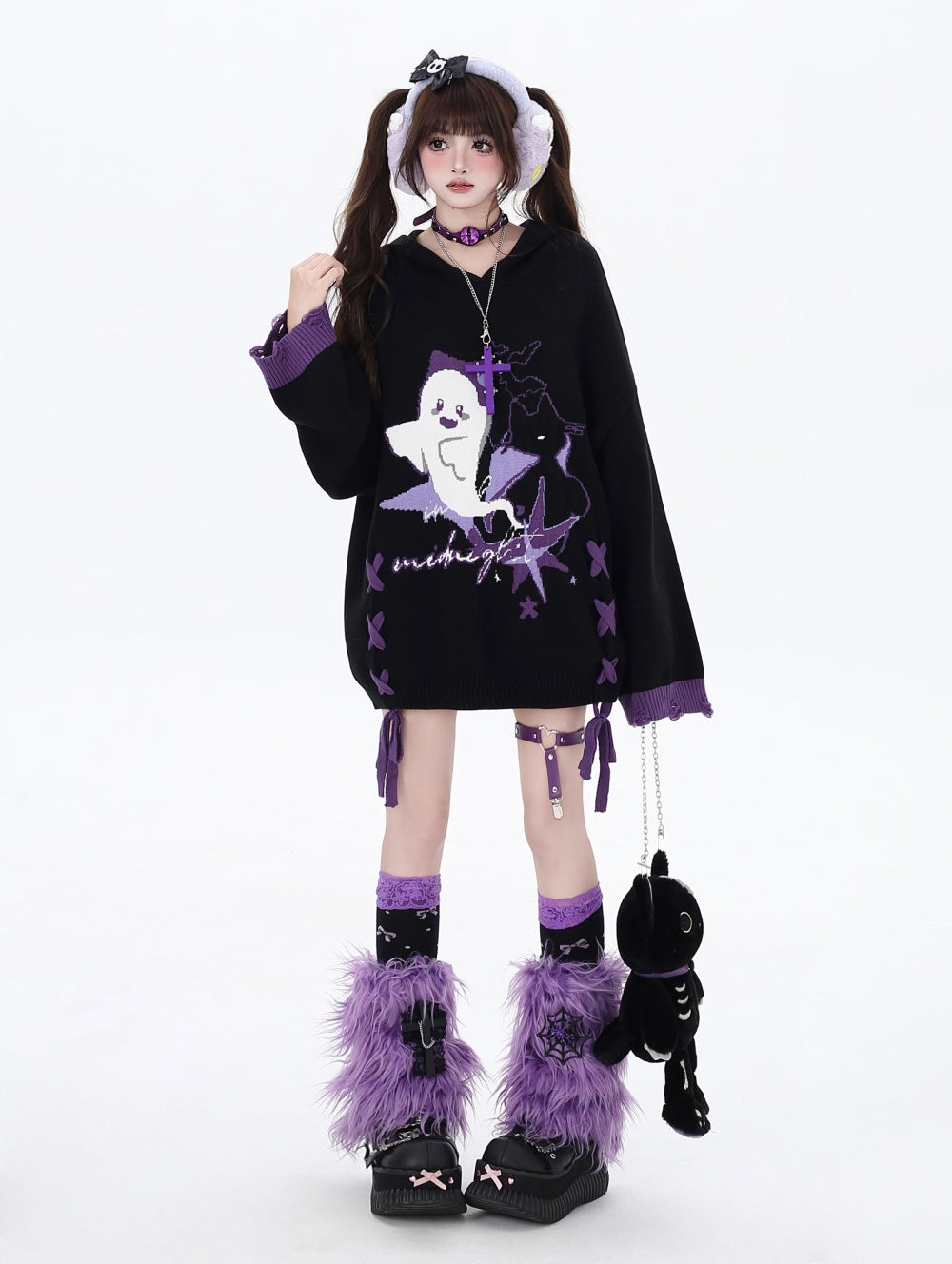 Halloween Little Ghost Lace Up Loose Sweater Top