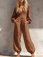 Elegant V-Neck Long-Sleeve Solid Zipper Jumpsuit
