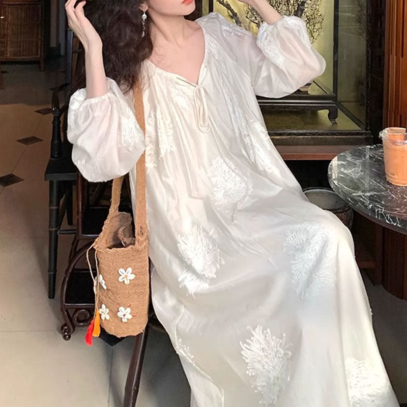 French Vintage Embroidered Lace-Up A-Line Dress