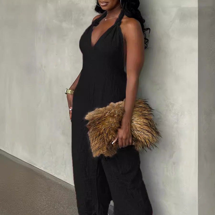 Long Skirt Linen Solid Color Jumpsuit With Belt