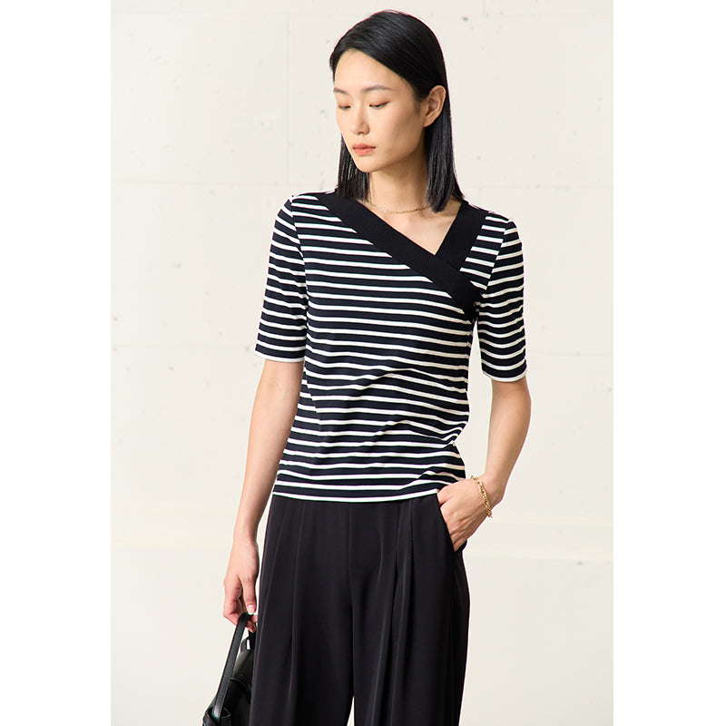 Striped V-Neck Slim Fit Half-Sleeve T-Shirt