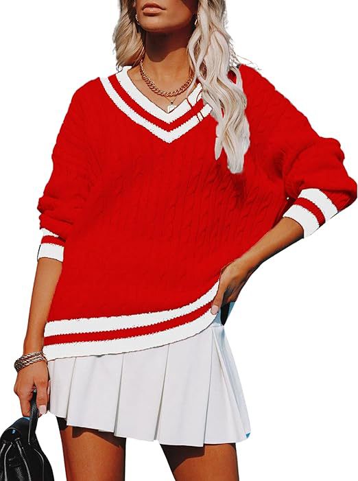 New Womens Fall V-neck Loose-fit Casual Color-block Cable-knit Sweater