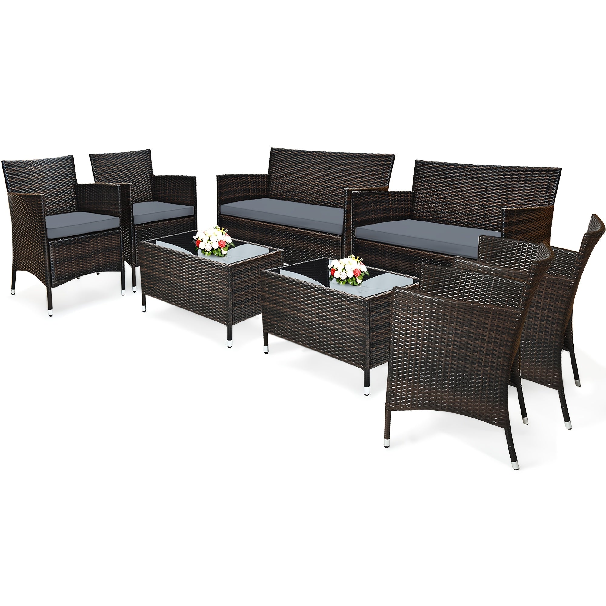 [Patio Furniture Set] 4pcs/8pcs Patio Furniture Set W/Washable Cushions And Tempered Glass Coffee Table