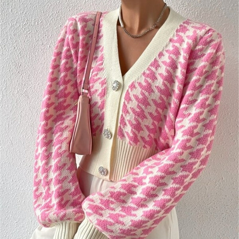 Cozy Houndstooth Puff Sleeve Cardigan – Loose Fit, Warm Knit