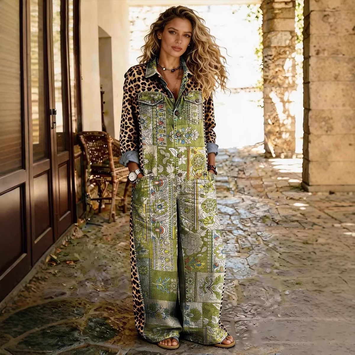 Chic Printed Long-Sleeve Lapel Jumpsuit