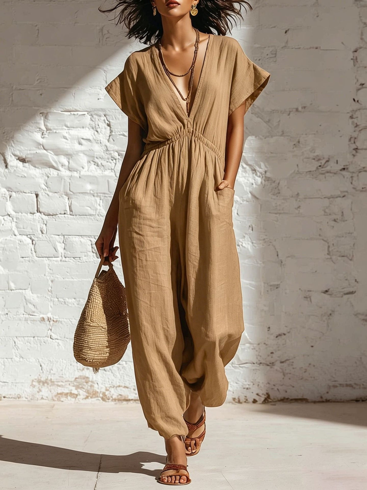 Womens V-neck Relaxed-fit Waist-cinching Jumpsuit