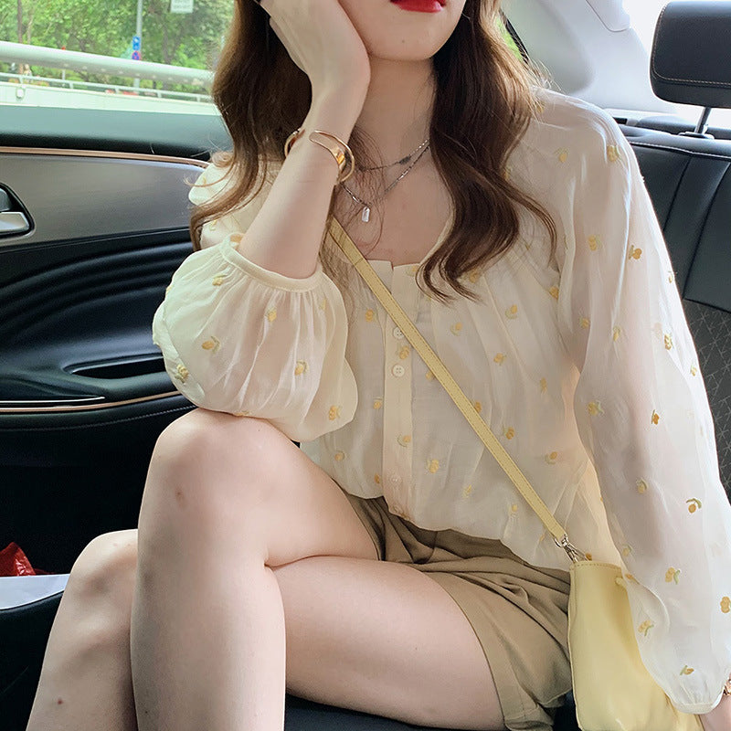 Chic French Dot Long-Sleeve Slim Fit Women's Shirt