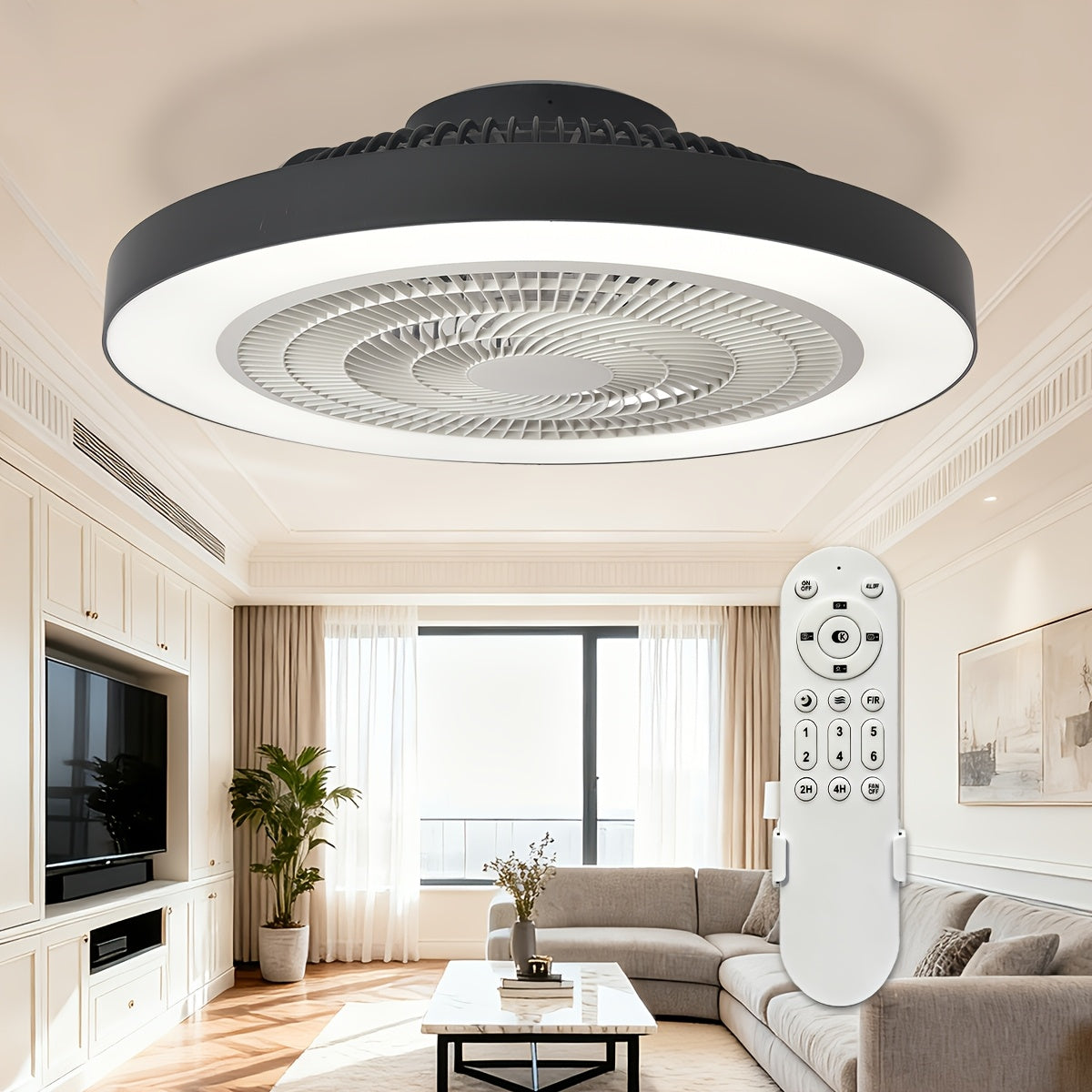 19‑inch Bladeless Ceiling Fan with Integrated LED Light, Dimmable, Remote‑Controlled, 6‑Speed DC Motor, 3000‑6000 K Color Temperature, White/Black