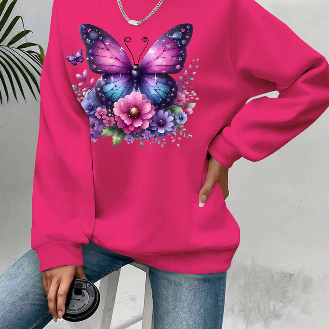Plus Size Soft Purple‑Blue Butterfly Floral Print Long Sleeve Round Neck Sweatshirt