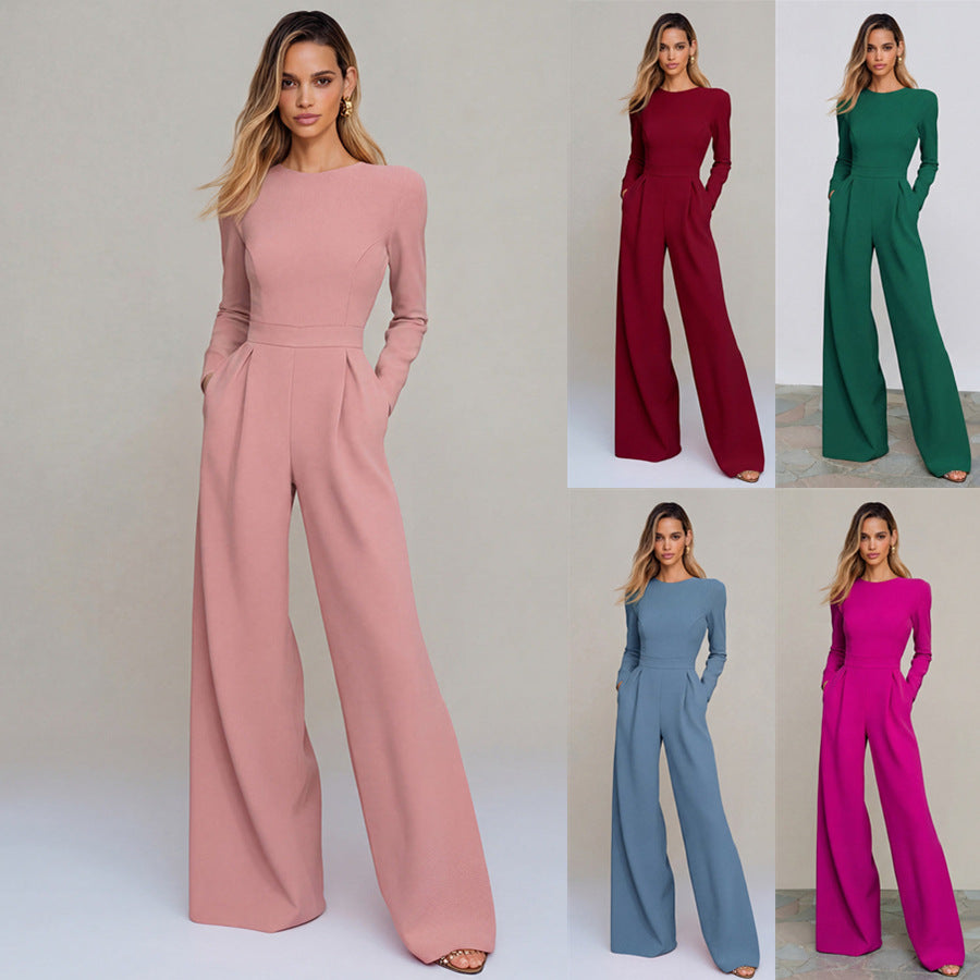 Chic Long-Sleeve Waist-Cinching Wide-Leg Jumpsuit