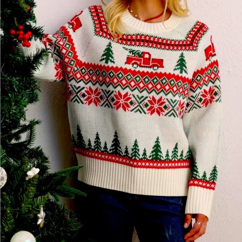 Casual Lazy Christmas Tree Embroidery Crew Neck Pullover Sweater