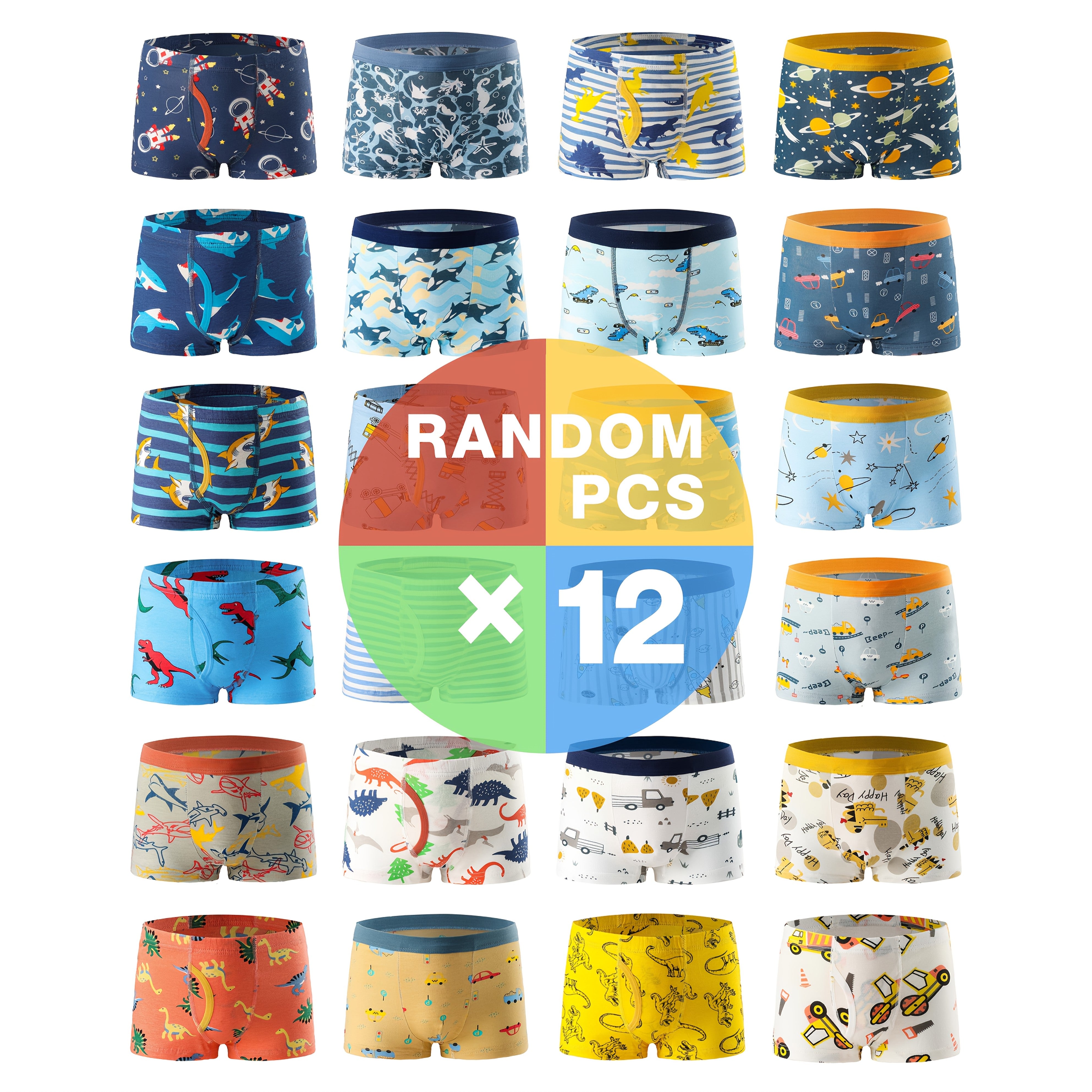 12 Pack Boys' Boxer Briefs in Assorted Colors and Patterns