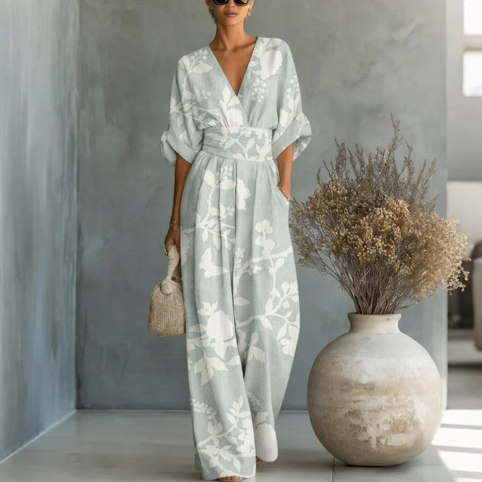 Printed V-Neck Waist-Cinched Wide-Leg Jumpsuit
