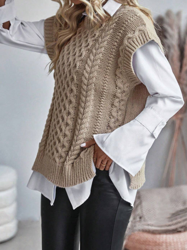 Women's Round Neck Sleeveless Knitwear Twist Thread Sweater