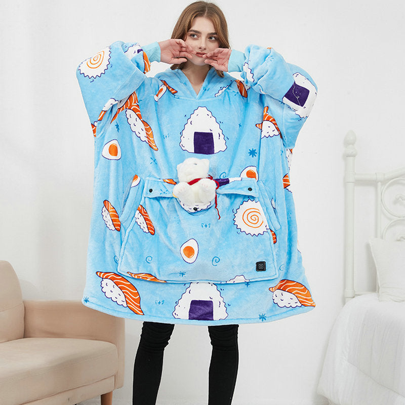 USB Heated Hooded Blanket Pullover for Cozy Winter Warmth