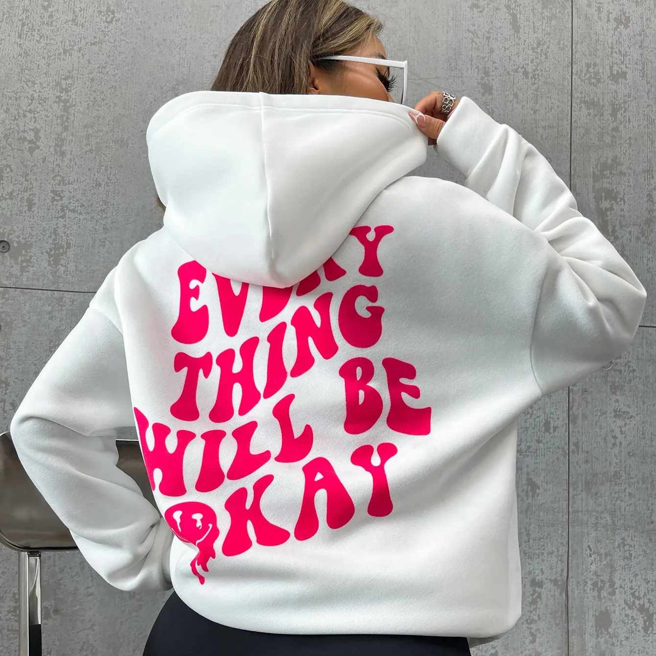 Okay Letter Print Casual Loose Hoodie