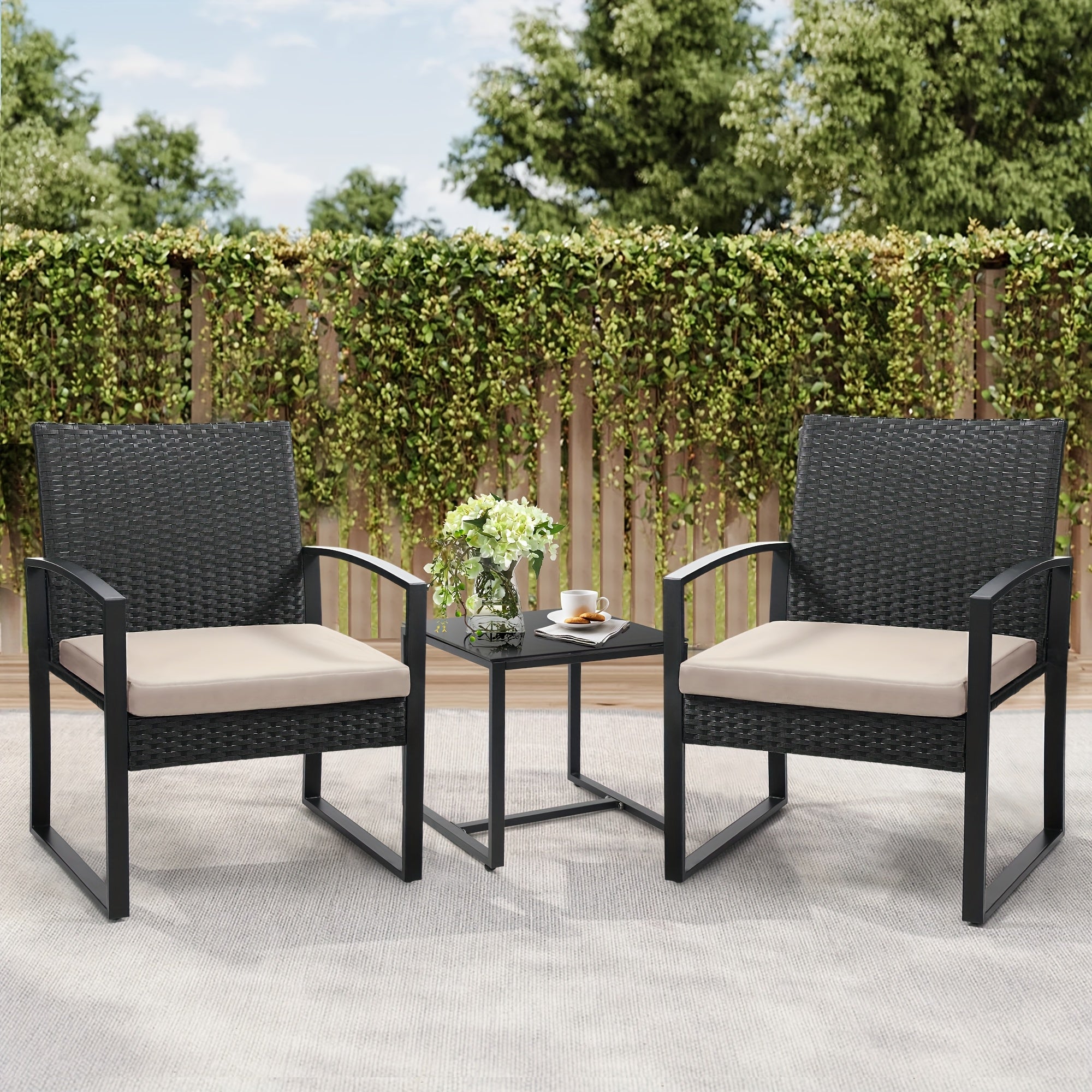 3pcs Rattan Bistro Set, Outdoor Patio Furniture Conversation Set Featuring 2 Chairs And 1 Safety Glass Top Table, with Plush Cushions, on, Perfect for Your Backyard