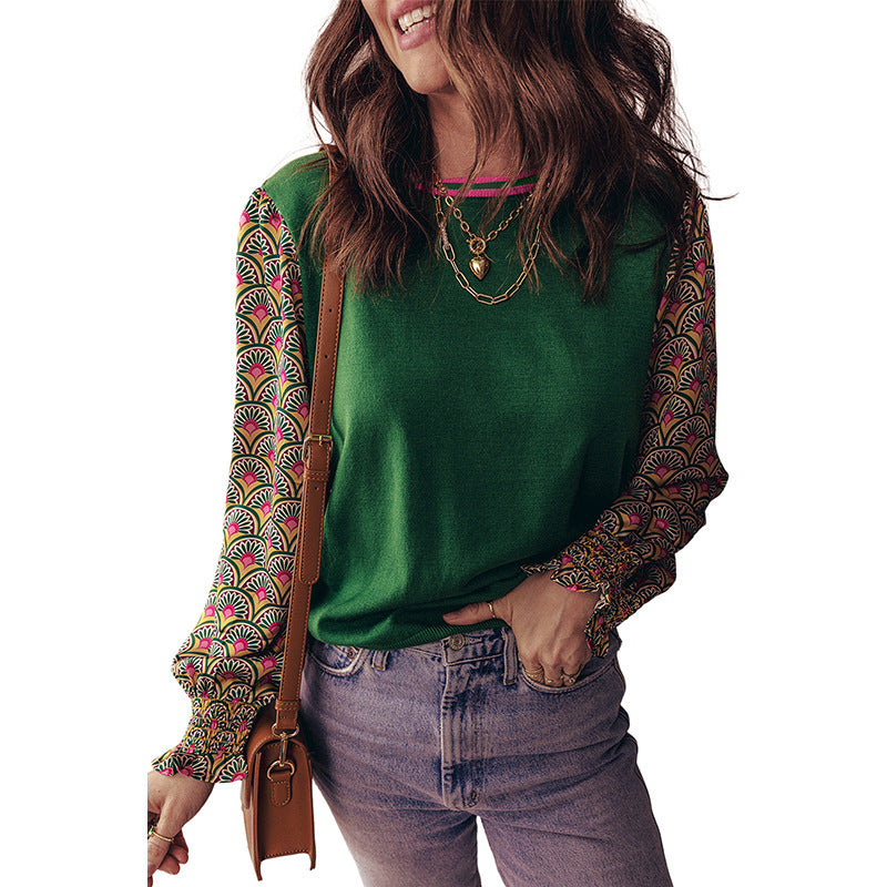 Floral Patchwork Pleated Cuff Puff Sleeve Sweater